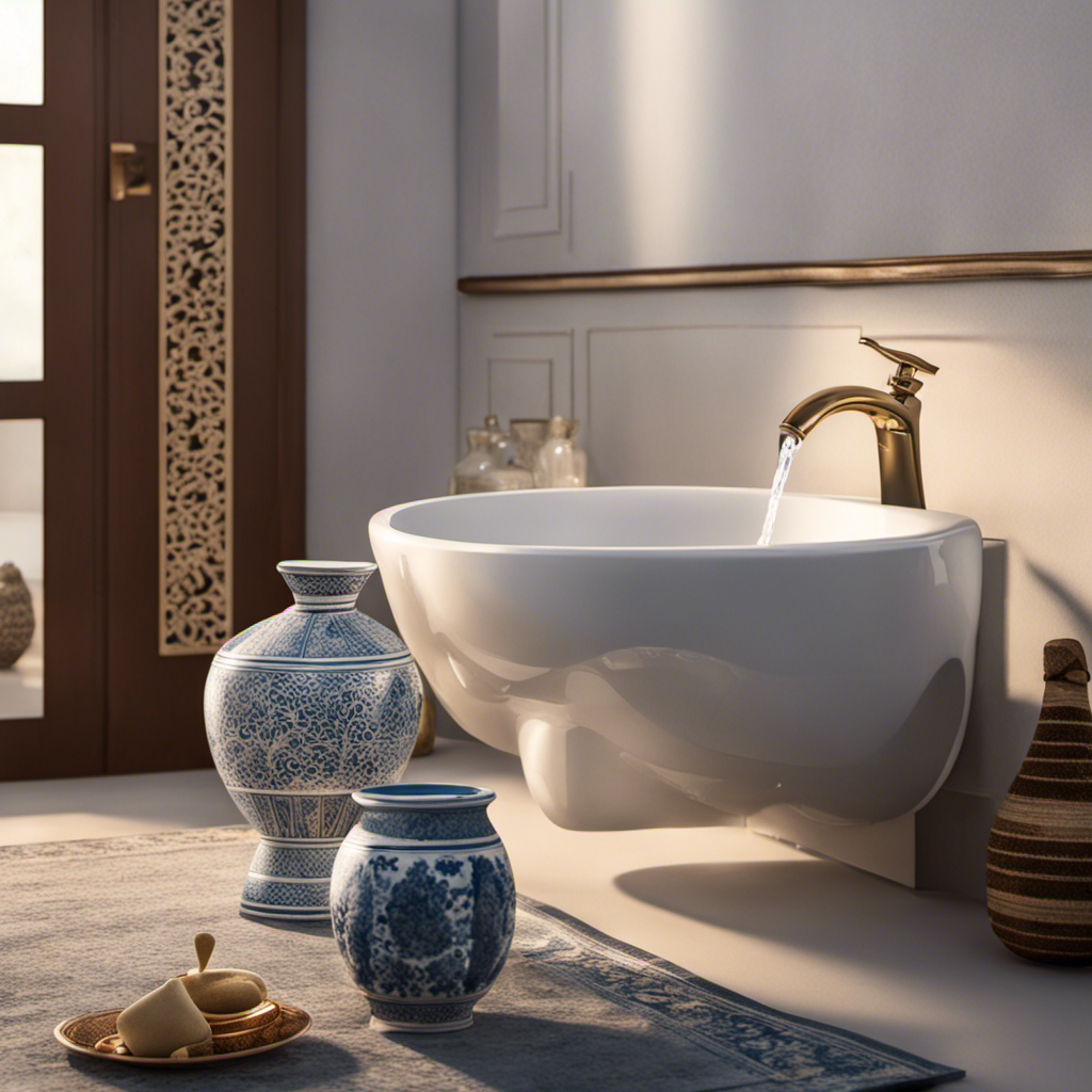 An image of a bathroom with a modern bidet beside a traditional Muslim water jug (lota), showcasing diverse hygiene practices