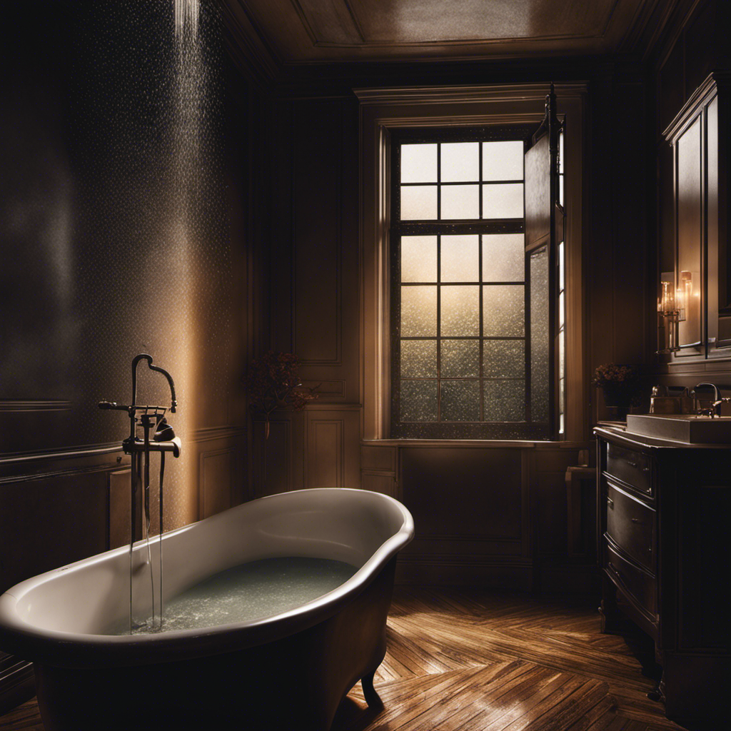 An image showcasing a dimly lit bathroom with a closed window, rain pouring outside, and a bathtub filled with water up to the brim, highlighting the importance of water storage during a hurricane