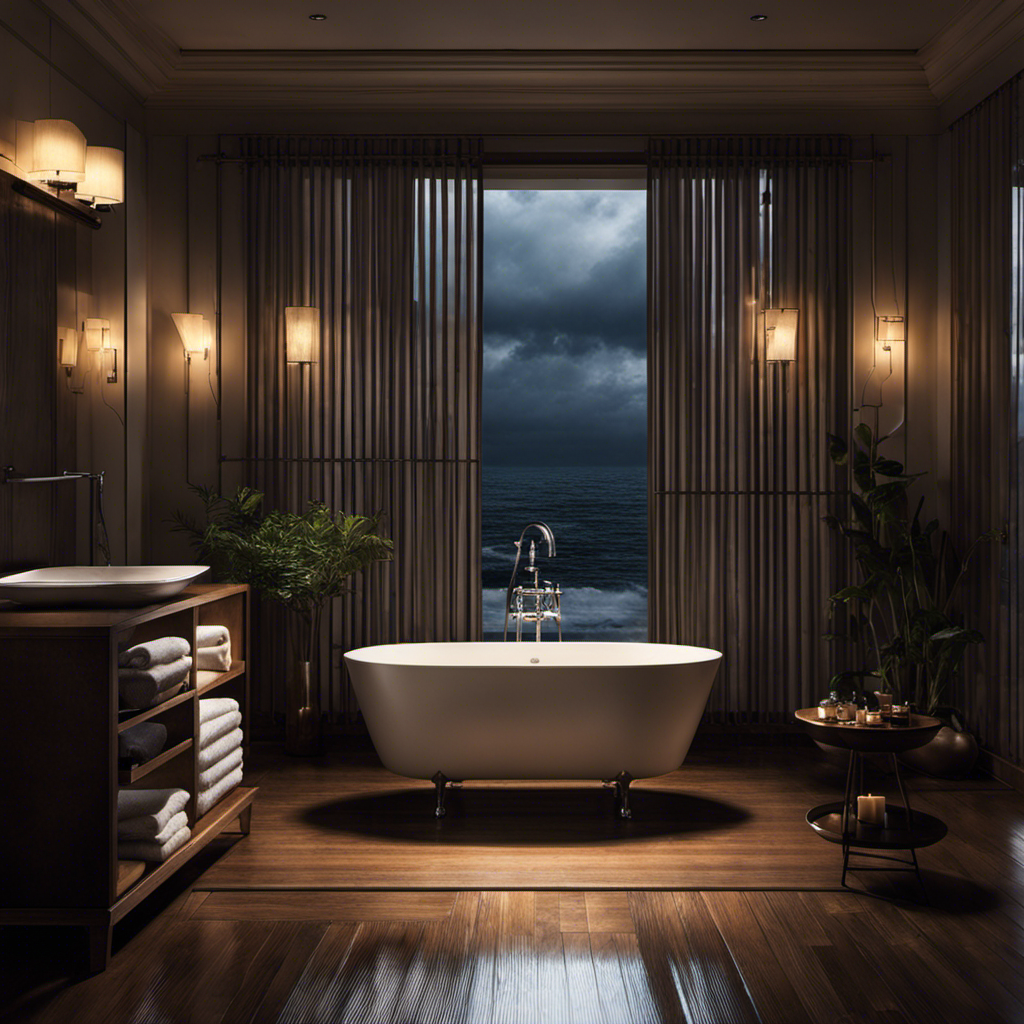 An image that showcases a dimly lit bathroom with a bathtub filled to the brim with water