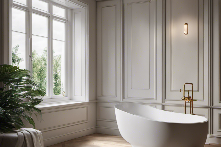 An image showcasing a serene bathroom scene, with a partially filled pristine white bathtub positioned near a window, capturing the ambiance of anticipation before a storm