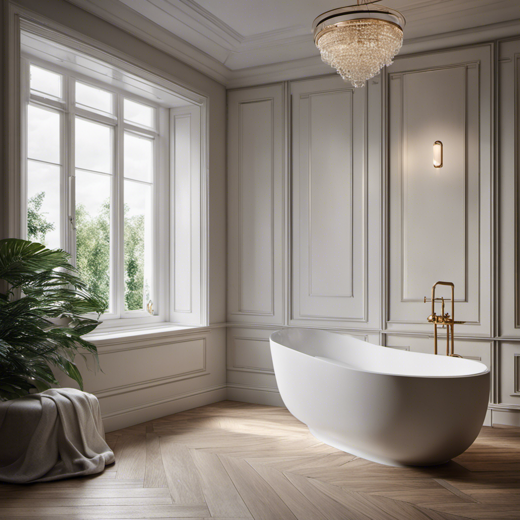 An image showcasing a serene bathroom scene, with a partially filled pristine white bathtub positioned near a window, capturing the ambiance of anticipation before a storm