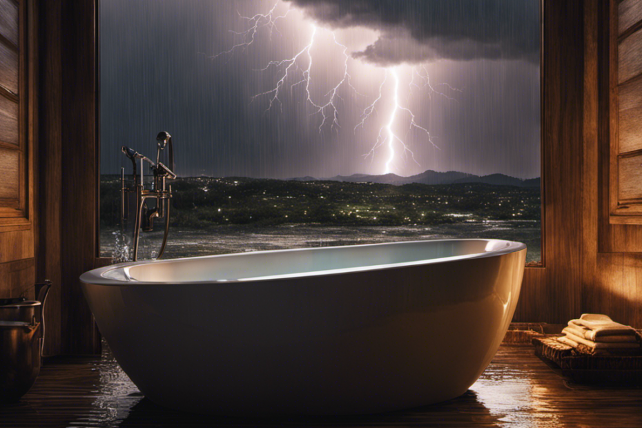 An image depicting a dimly lit bathroom during a raging storm outside