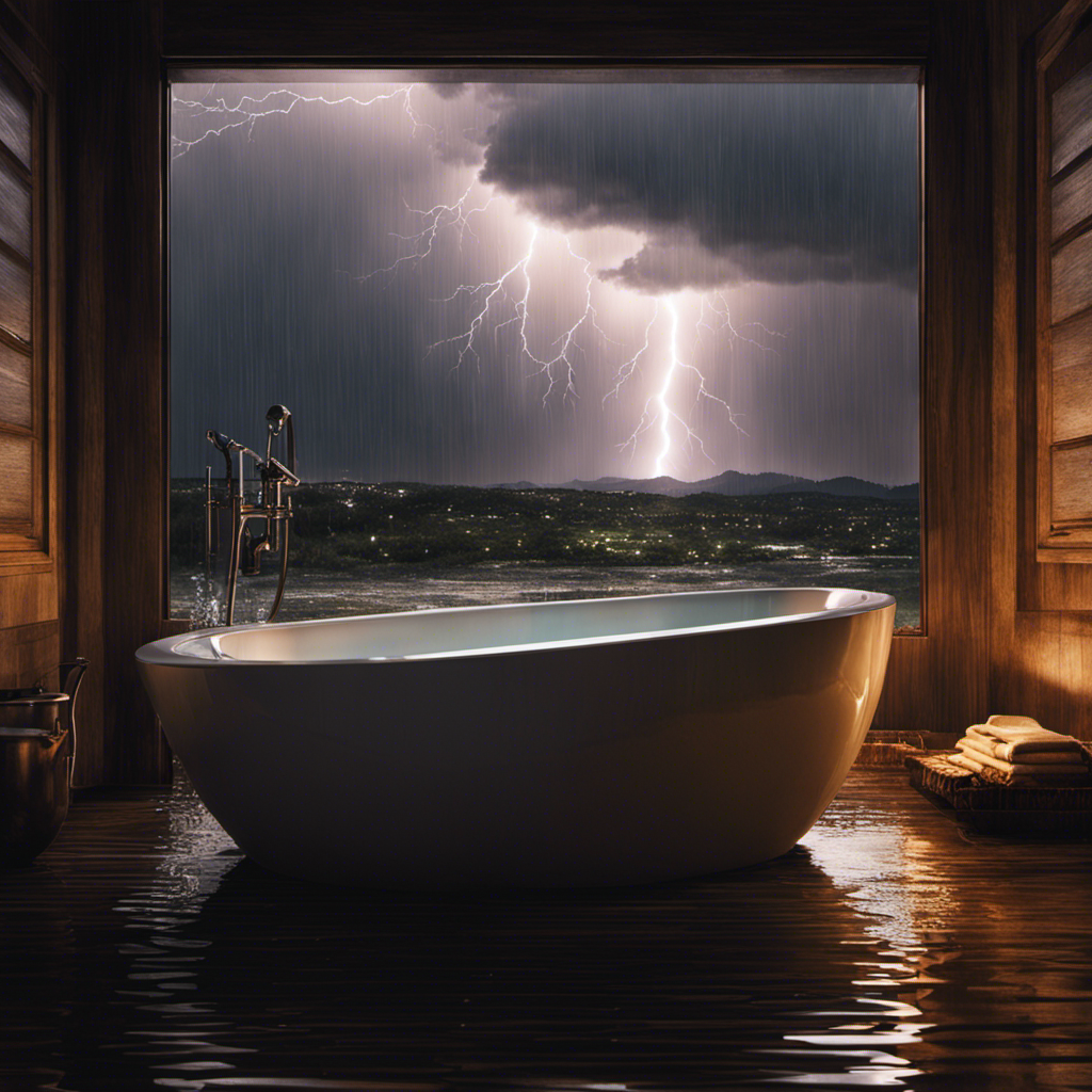 An image depicting a dimly lit bathroom during a raging storm outside