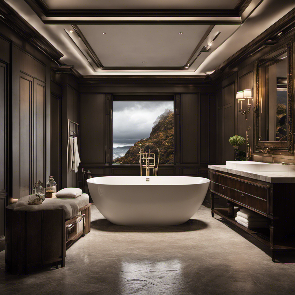 An image that showcases a dimly lit bathroom, with a storm raging outside
