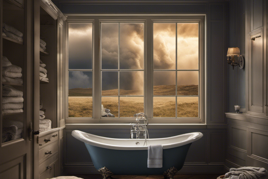 An image that captures the essence of safety amid chaos: A serene bathroom scene with a tornado visible through a small frosted window, while a person calmly sits in a filled bathtub, surrounded by pillows and blankets