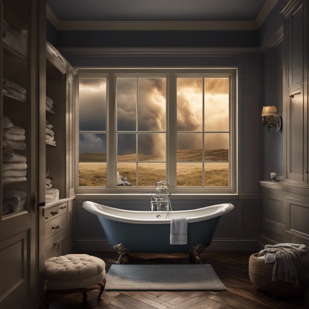 An image that captures the essence of safety amid chaos: A serene bathroom scene with a tornado visible through a small frosted window, while a person calmly sits in a filled bathtub, surrounded by pillows and blankets