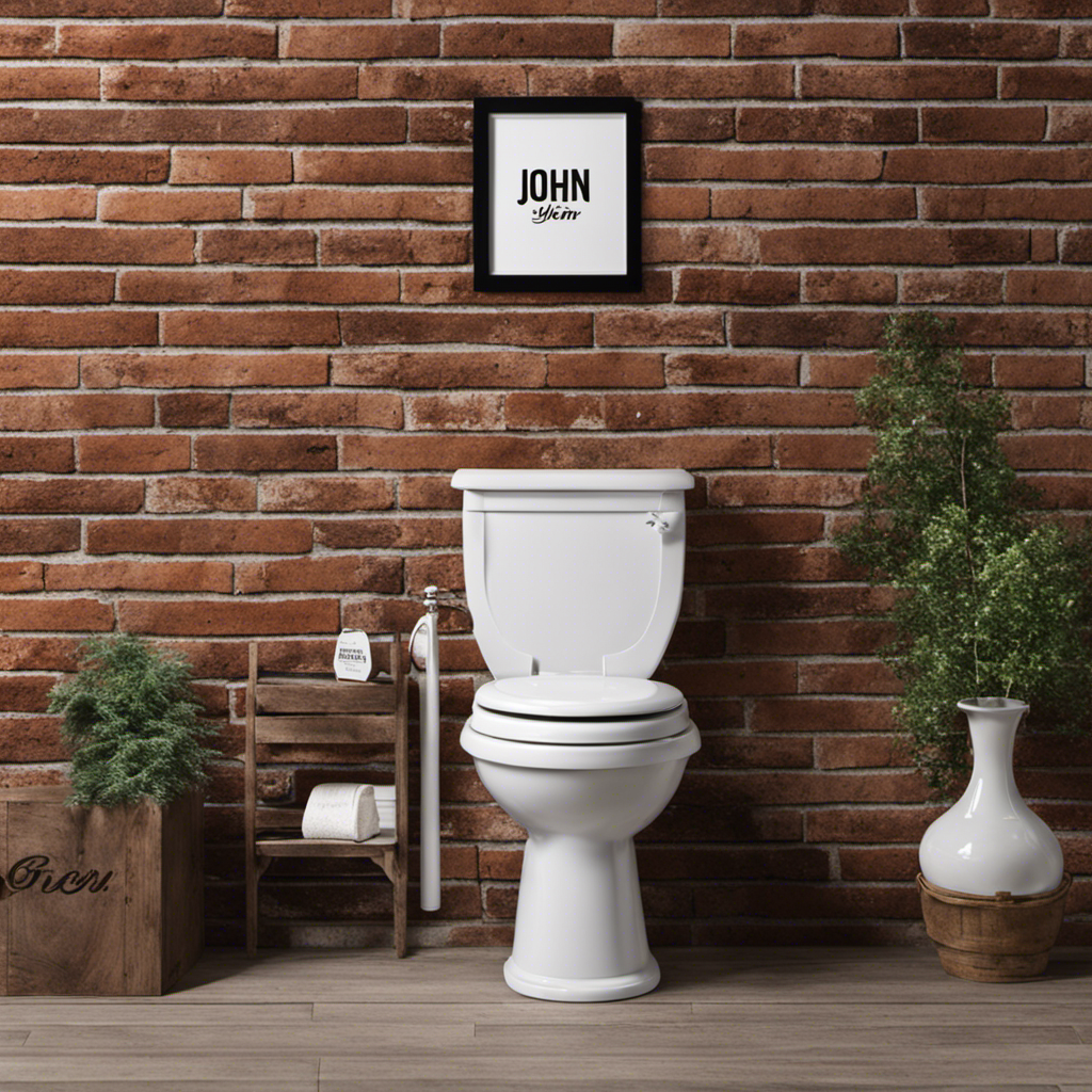 An image featuring a vintage porcelain toilet with a wooden seat, surrounded by a rustic brick wall