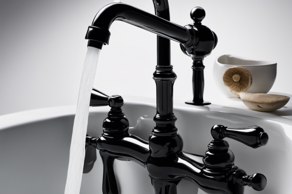 An image showcasing a close-up of a bathtub faucet with a steady stream of discolored water flowing out, revealing a thick, inky black substance