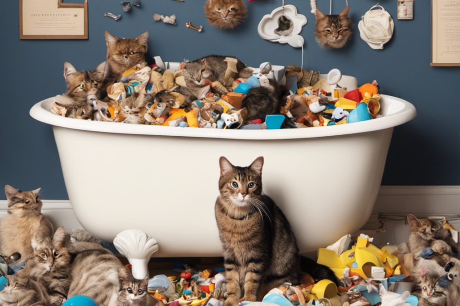 An image showcasing a perplexed cat staring at a pristine bathtub filled with litter, surrounded by scattered toys, while a thought bubble above displays question marks
