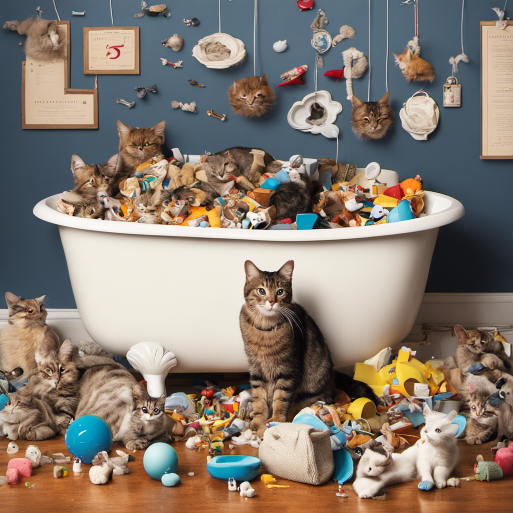 An image showcasing a perplexed cat staring at a pristine bathtub filled with litter, surrounded by scattered toys, while a thought bubble above displays question marks