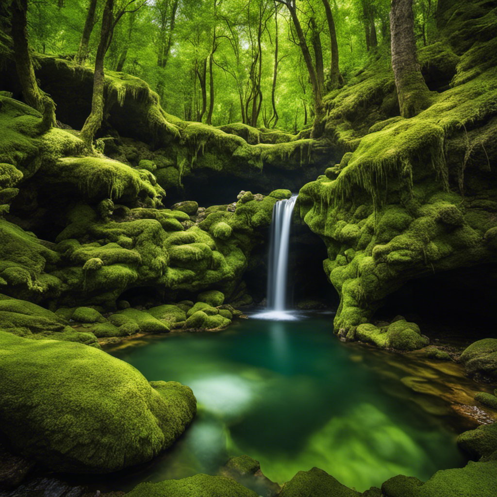 An image showcasing a serene, moss-covered grotto nestled within lush woodland