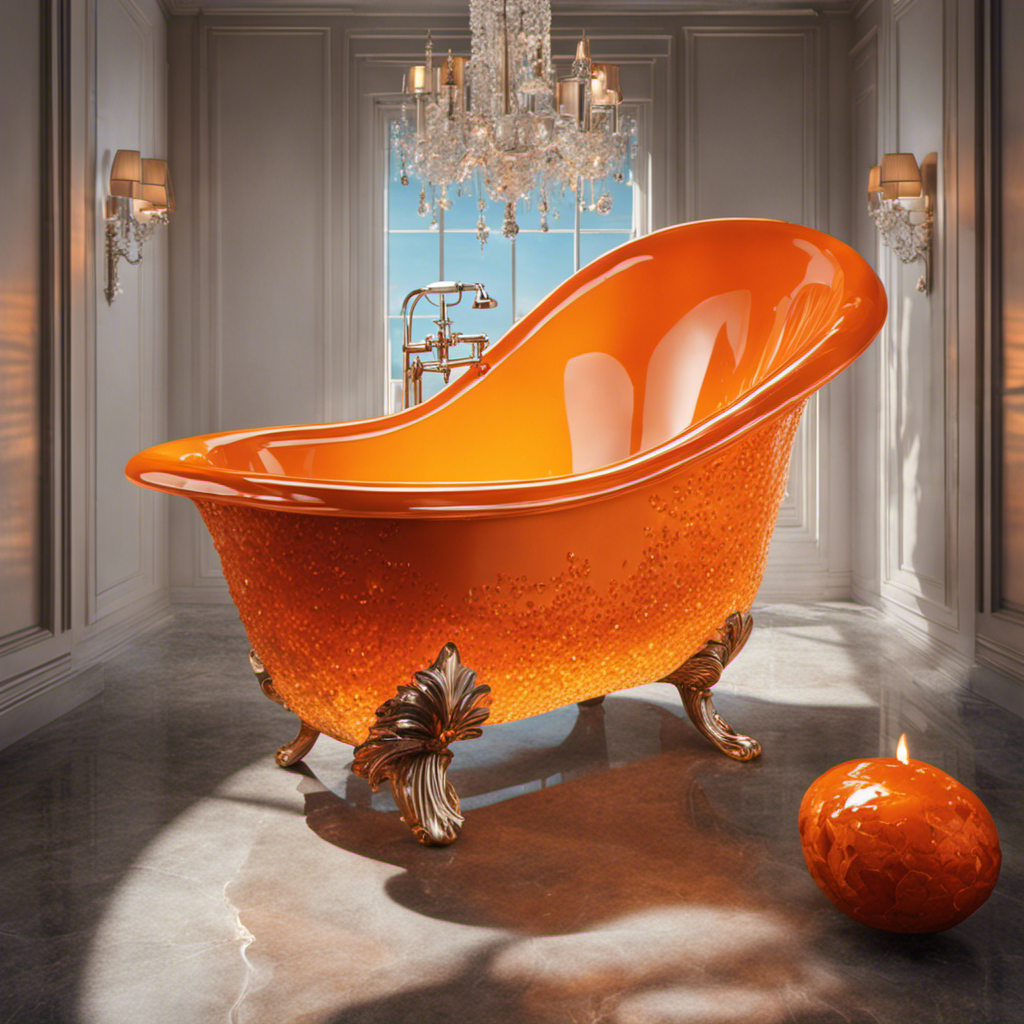 An image showcasing a serene bathtub scene with a vibrant orange floating in crystal-clear water