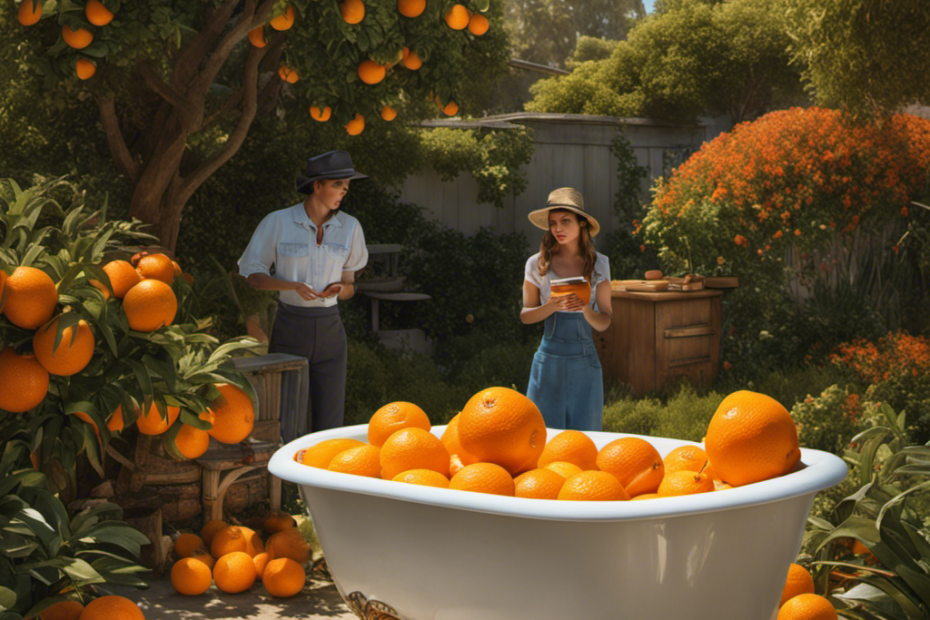 An image that captures a sunny California backyard with a clawfoot bathtub filled to the brim, oranges floating on the water's surface, while a puzzled person stands nearby, holding an orange and looking at a sign that reads "No Eating Oranges in the Bathtub