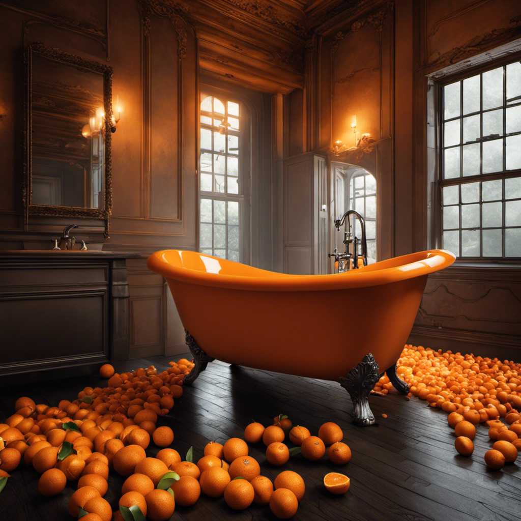 An image featuring a vintage bathtub filled with oranges, surrounded by caution tape