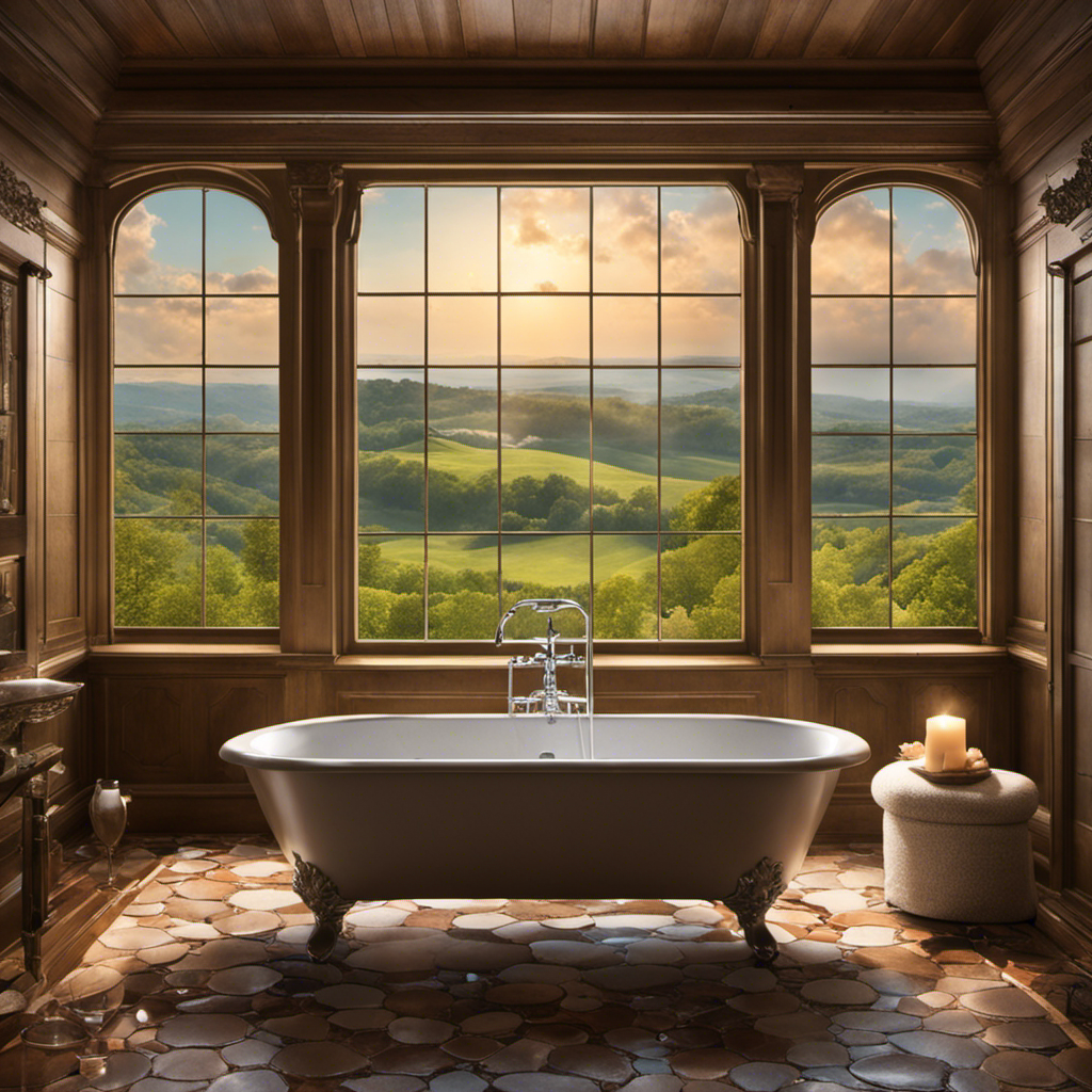An image capturing a cozy bathroom scene: a person immersed in a bathtub filled with bubbles, surrounded by vintage tiles and a quaint window with a view of Pennsylvania's rolling hills, symbolizing the peculiar law against singing in the tub