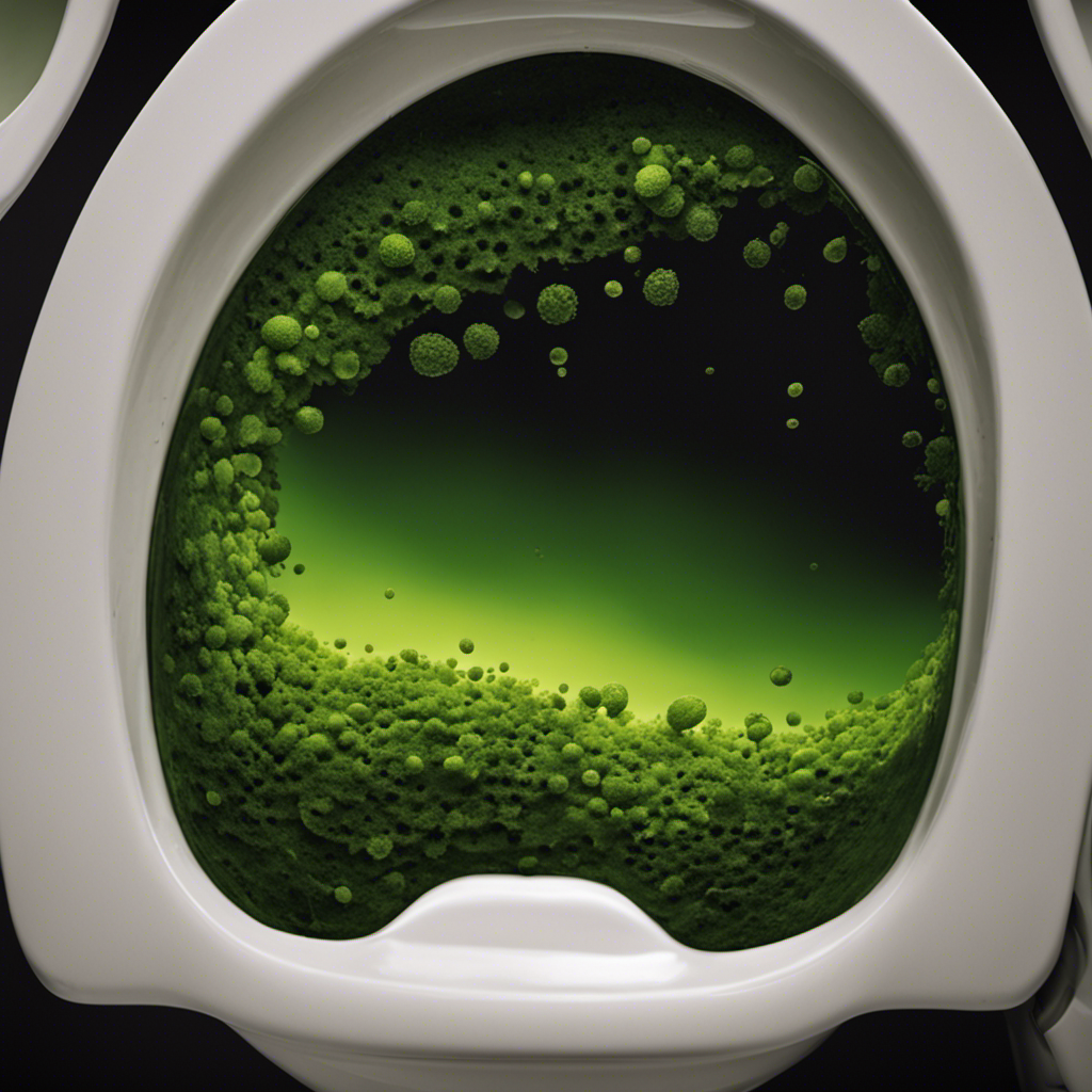 An image that captures the eerie sight of black mold spreading on the inner rim of a toilet bowl, with tiny greenish patches creeping along the waterline, showcasing the perplexing phenomenon of mold growth in toilets