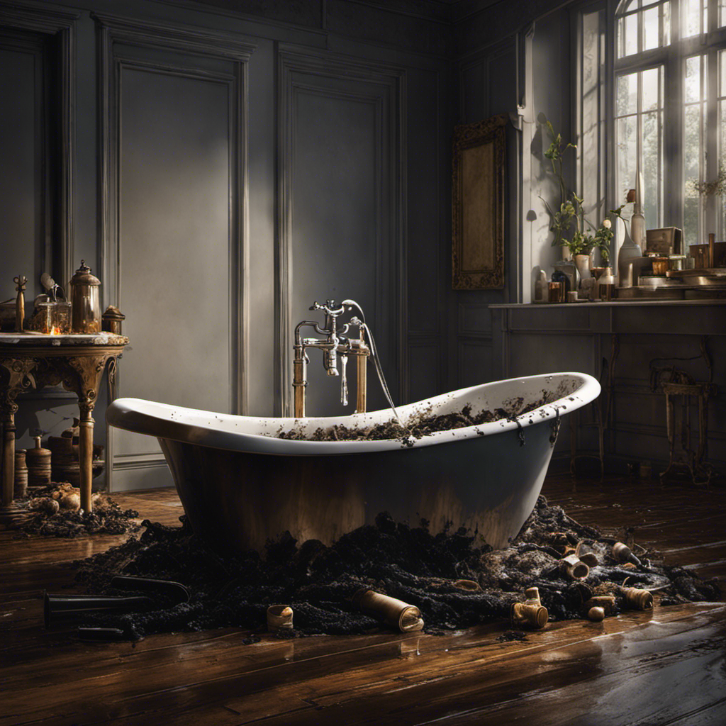 An image that portrays a bathtub filled with murky water, overflowing with hair, soap scum, and bits of debris, while a plunger and a drain snake lie nearby, highlighting the frustrating issue of a backed-up bathtub