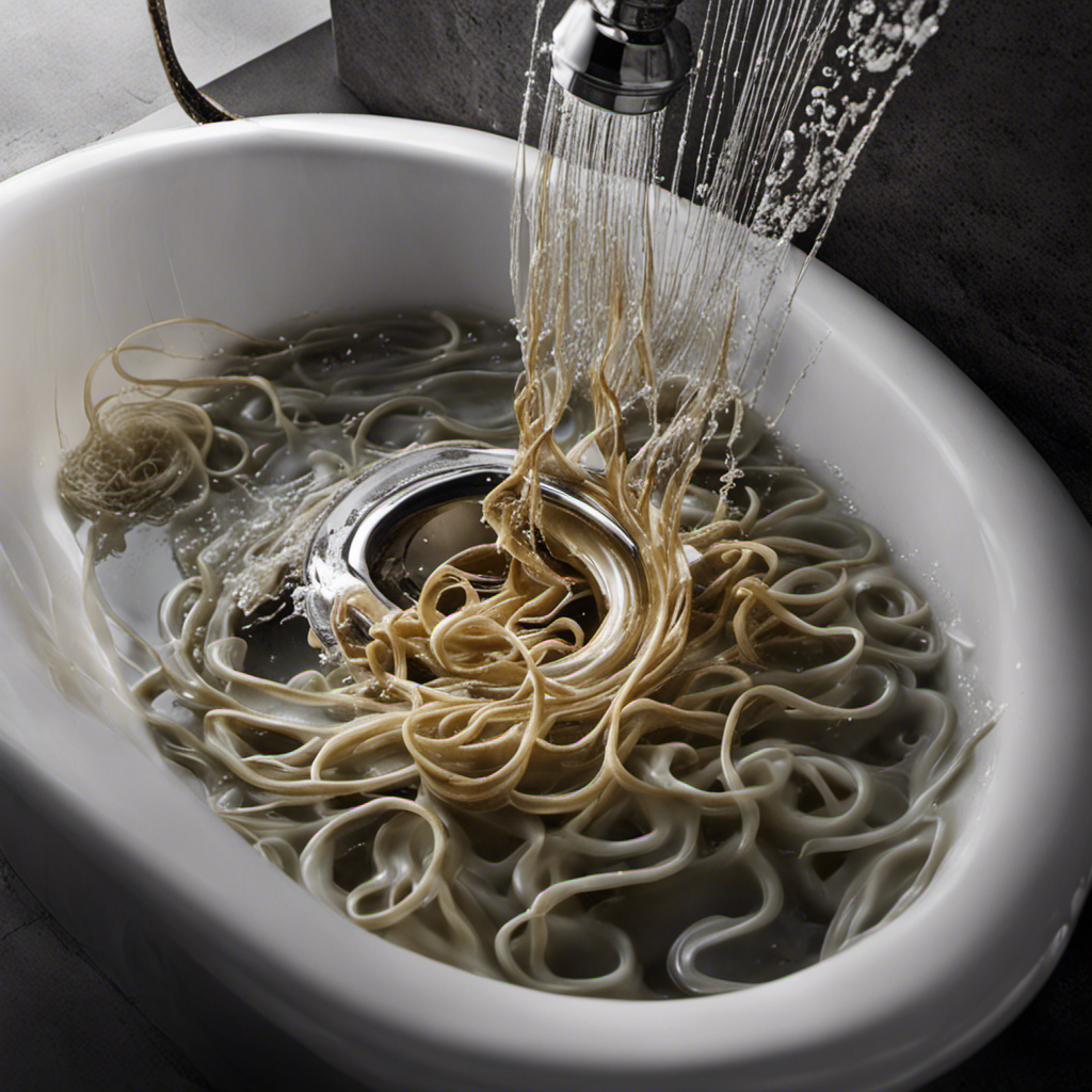 An image showcasing a close-up view of a bathtub drain filled with a tangled mess of hair, soap residue, and debris, causing water to back up