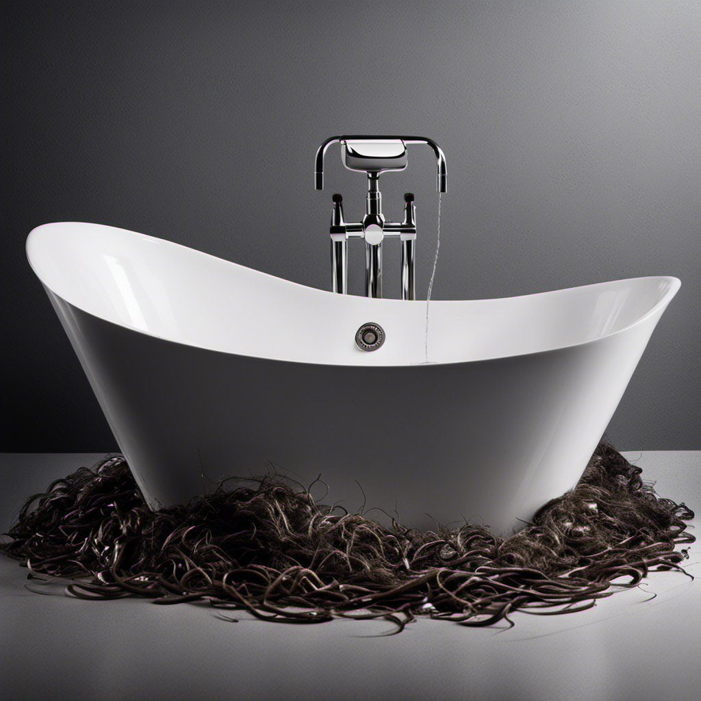 An image that depicts a close-up view of a bathtub drain covered in a thick layer of hair and debris, obstructing the water flow