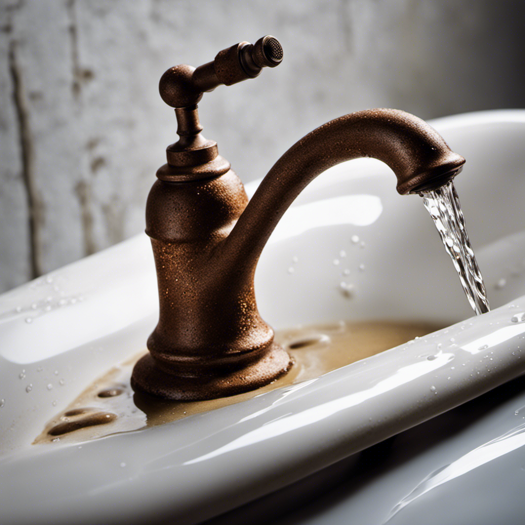 An image capturing a close-up view of a rusty, worn-out bathtub faucet, with droplets of water falling from it, pooling on the porcelain surface, and forming small puddles, highlighting the annoyance of a relentless and wasteful drip
