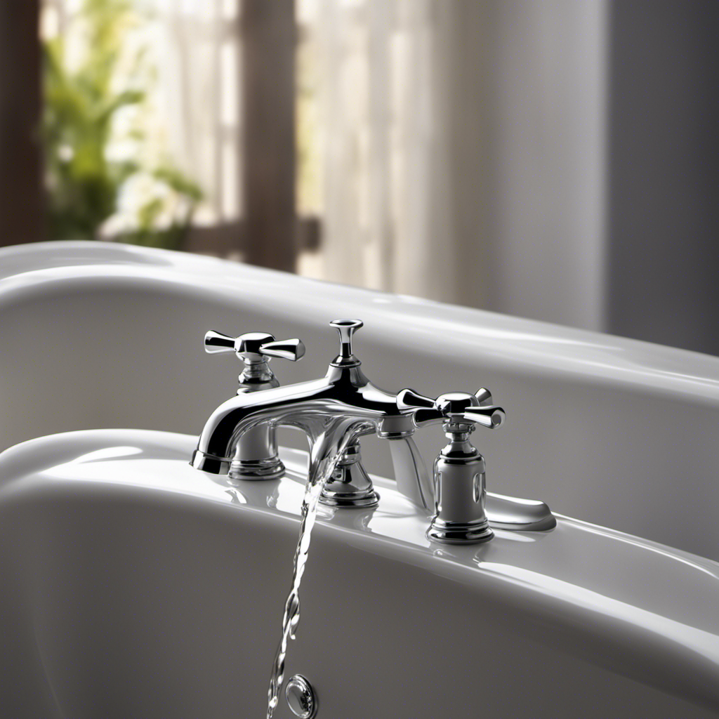 An image depicting a close-up of a bathtub faucet with hot water streaming out, surrounded by small droplets trickling down the smooth chrome surface, highlighting the issue of a leaking hot water faucet