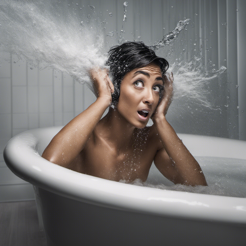 An image of a person in a bathroom, startled by a thunderous noise, as water violently splashes out of a mysteriously vibrating bathtub