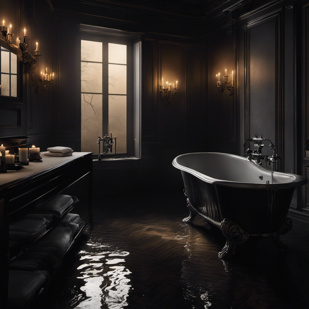 An image capturing the eerie scene of a dimly lit bathroom, showcasing a bathtub filled with water