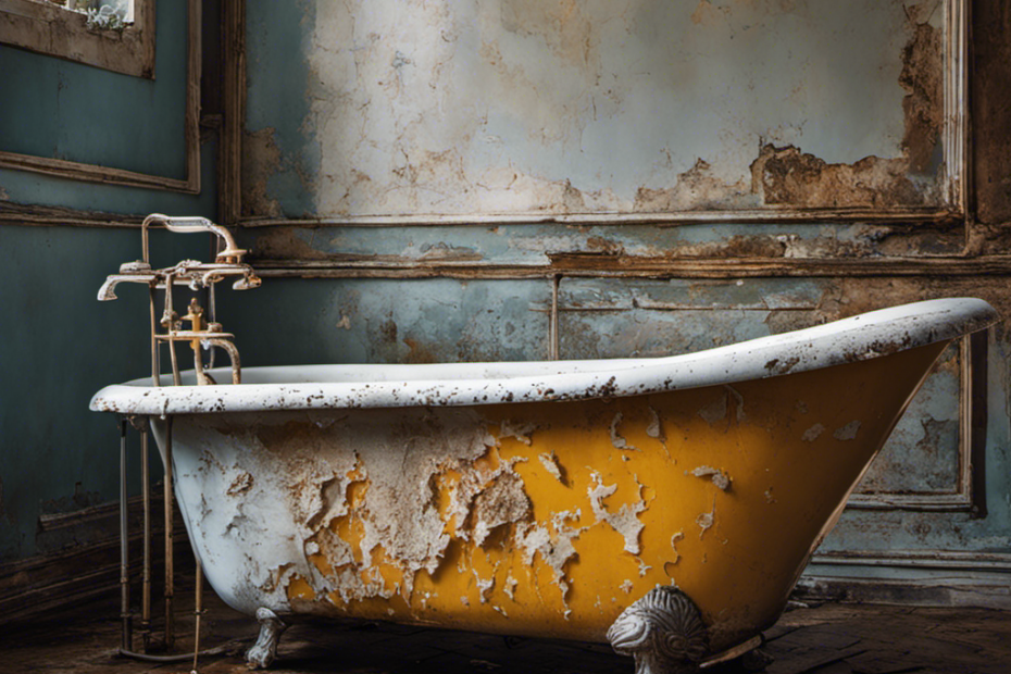 An image showcasing a worn-out bathtub with patches of cracked and flaking paint