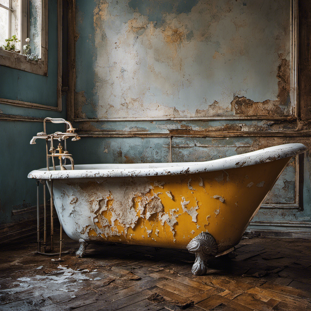 An image showcasing a worn-out bathtub with patches of cracked and flaking paint