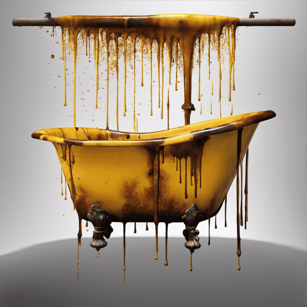 An image of a bathtub filled with murky yellow water, scattered with rust-colored stains