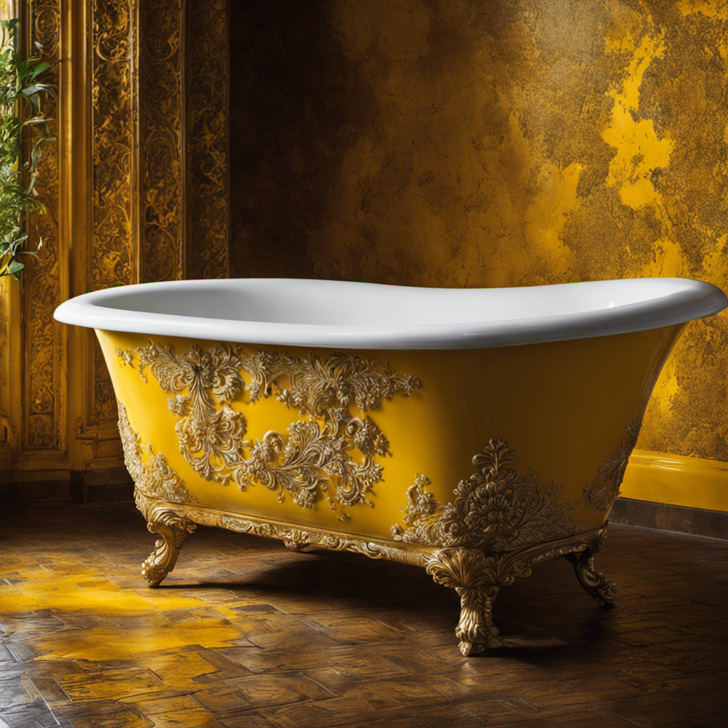 An image capturing a close-up of a yellowed bathtub, revealing intricate patterns of discoloration and stains
