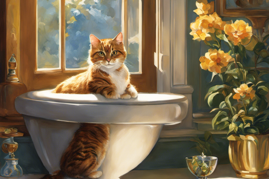An image capturing a mischievous feline perched on a bathroom sink, peering curiously into a sparkling toilet bowl