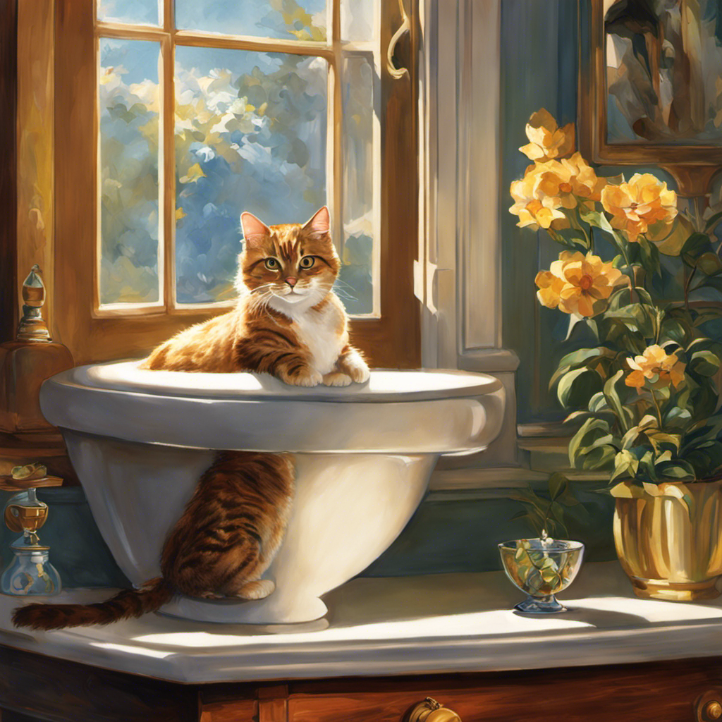 An image capturing a mischievous feline perched on a bathroom sink, peering curiously into a sparkling toilet bowl