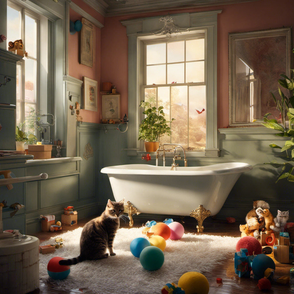 An image that showcases a perplexed feline, its fluffy fur dripping wet, standing beside a filled bathtub adorned with scattered toys, as sunlight filters through the bathroom window, evoking curiosity and a sense of mystery