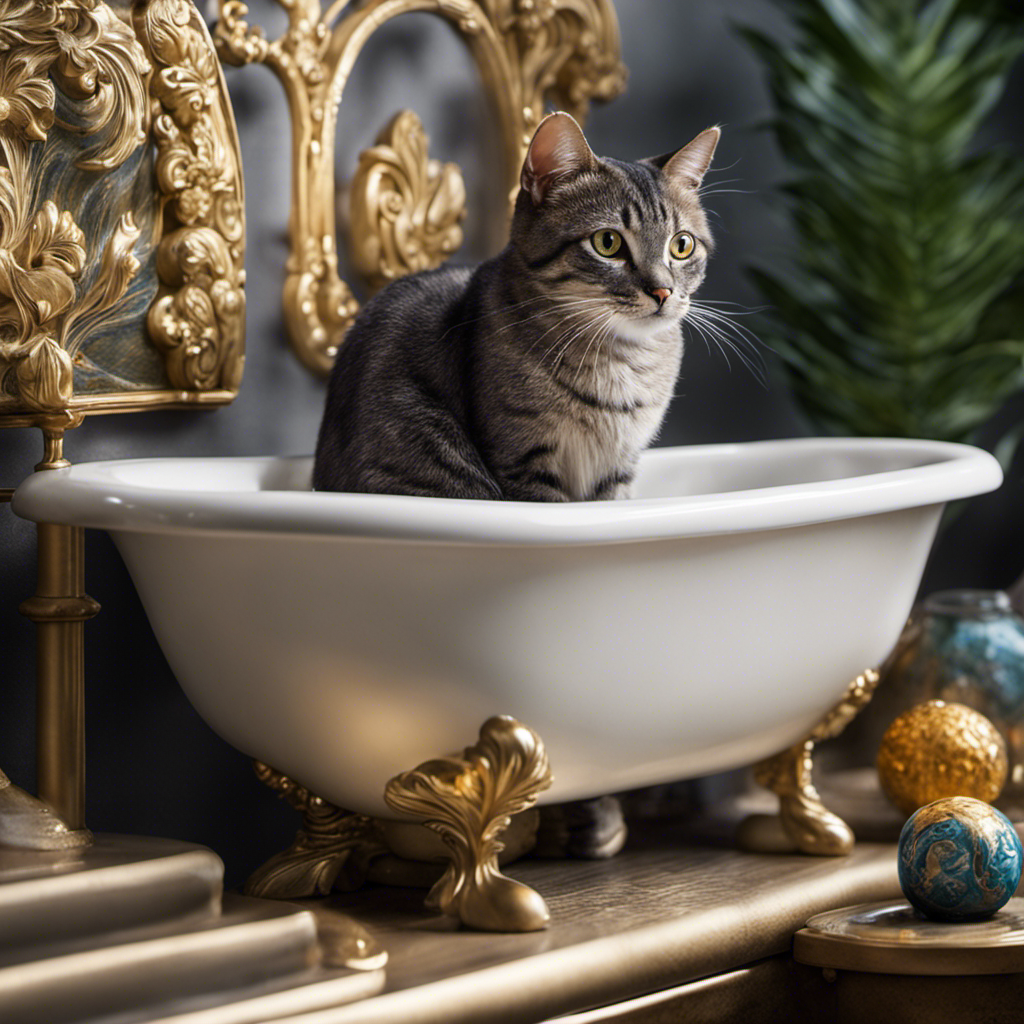 An image showcasing a curious cat perched on the edge of a pristine bathtub, its bright eyes fixated on a shimmering droplet sliding down the porcelain, capturing the feline's mysterious fascination with this aquatic sanctuary