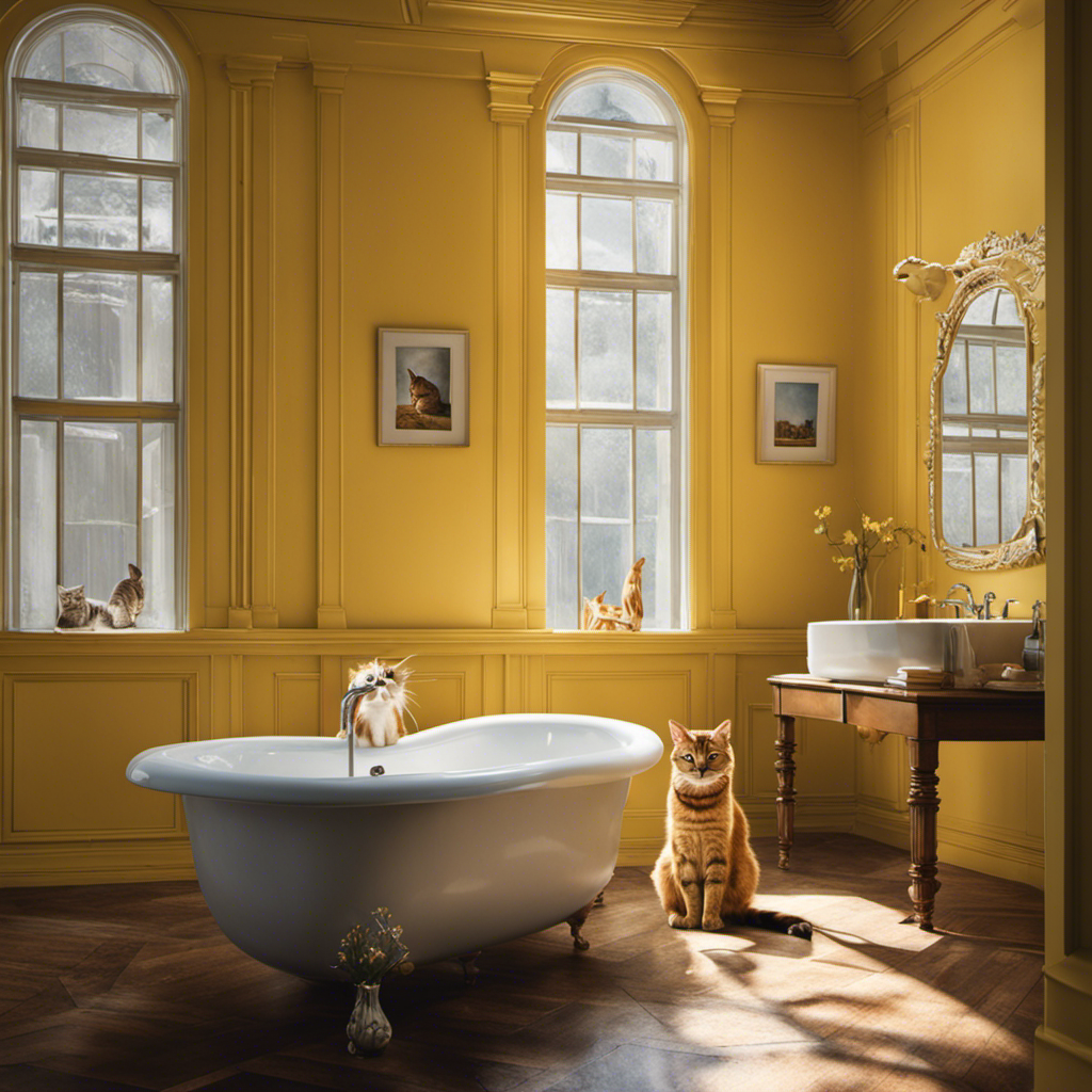 An image showcasing a frustrated cat owner staring at a pristine bathtub filled with yellow-tinted water, while a perplexed feline looks on from a corner, implying the enigma of "Why Is My Cat Peeing in the Bathtub