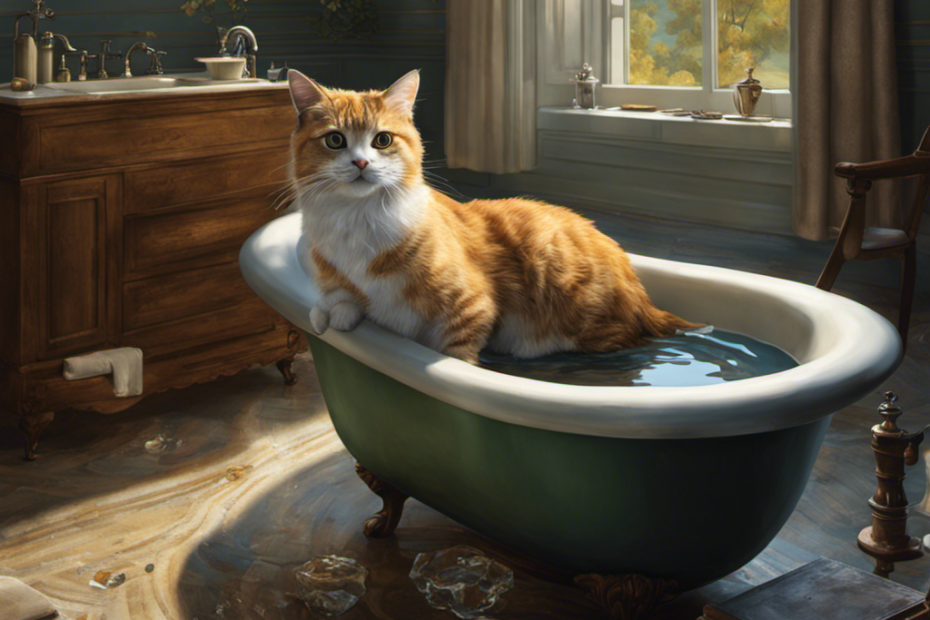 An image depicting a perplexed cat, positioned near a pristine bathtub filled with crystal-clear water, while feces float nearby
