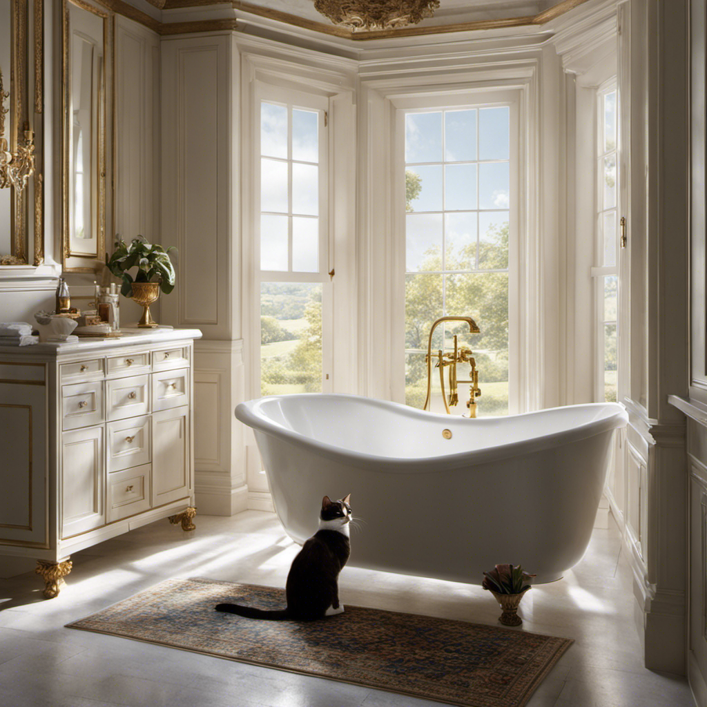 An image capturing the mysterious allure of a bathroom: a serene, sunlit scene with a perplexed cat perched gracefully in the pristine white bathtub, its eyes filled with curiosity and enchantment
