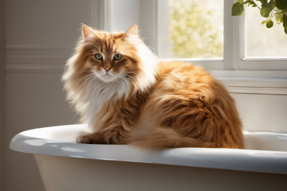 An image capturing a whimsical scene of a fluffy, contented cat curled up peacefully in a pristine white bathtub, surrounded by soft rays of sunlight streaming through a partially open window, evoking curiosity about feline preferences
