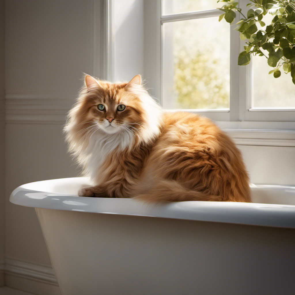 An image capturing a whimsical scene of a fluffy, contented cat curled up peacefully in a pristine white bathtub, surrounded by soft rays of sunlight streaming through a partially open window, evoking curiosity about feline preferences
