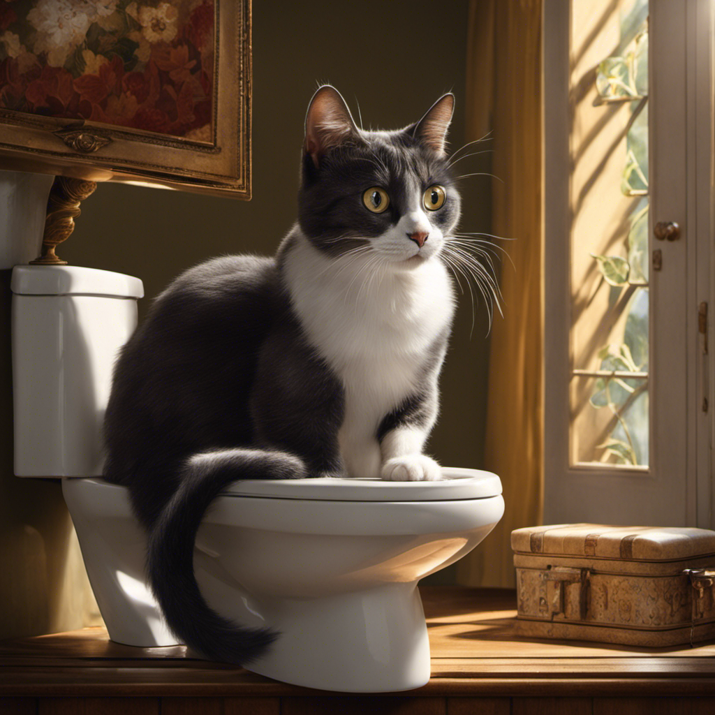An image capturing a curious cat with wide eyes, perched on the edge of a toilet seat, delicately sipping water from the bowl