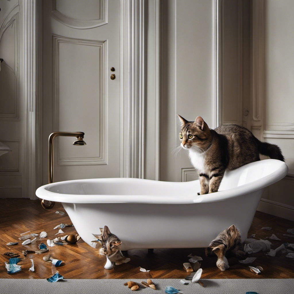 An image capturing a curious cat, perched on the edge of a pristine white bathtub, with a perplexed expression, surrounded by scattered litter, as it contemplates a mysterious change in its bathroom habits