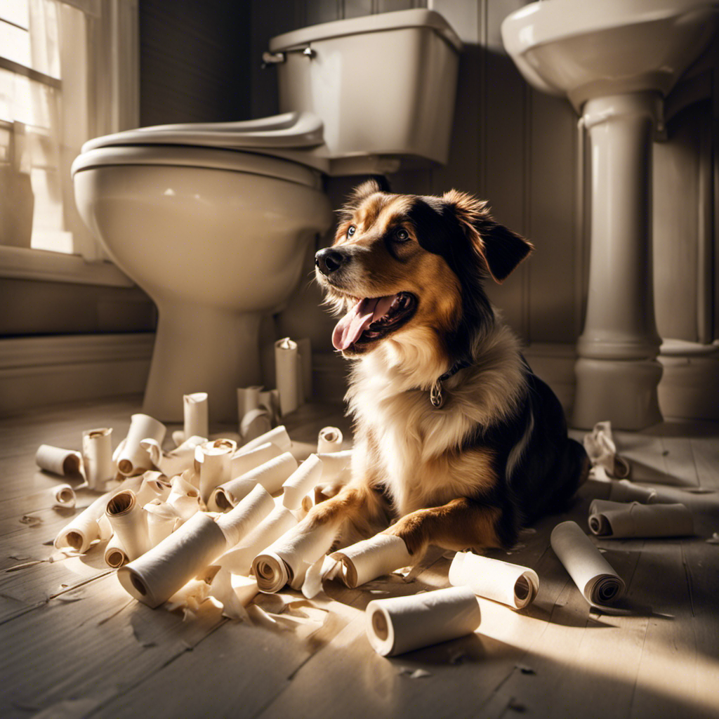 An image capturing a mischievous dog wagging its tail, surrounded by torn toilet paper rolls scattered across the bathroom floor