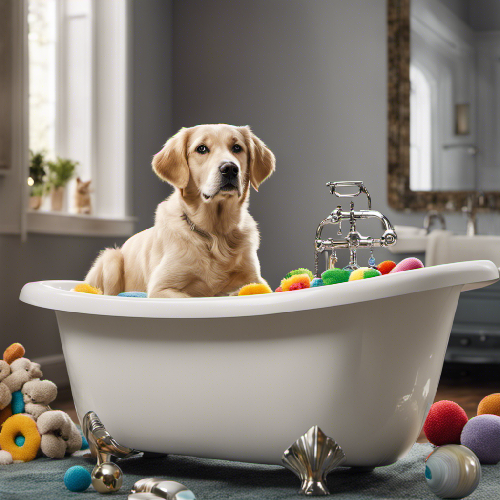 An image showcasing a curious dog, gazing intently at a pristine bathtub filled with an array of intriguing toys