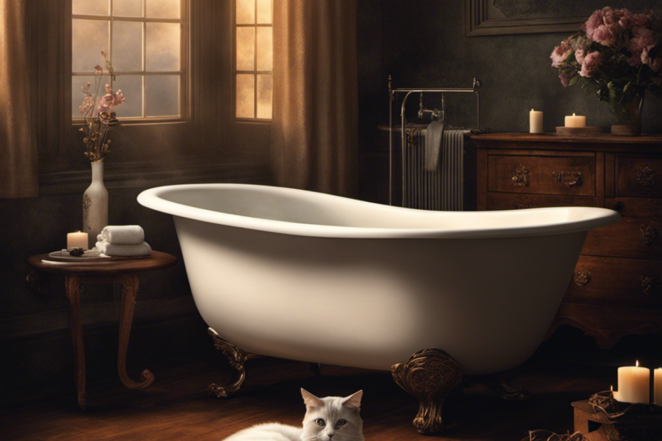 An image of a dimly lit bathroom with a porcelain bathtub filled with warm water