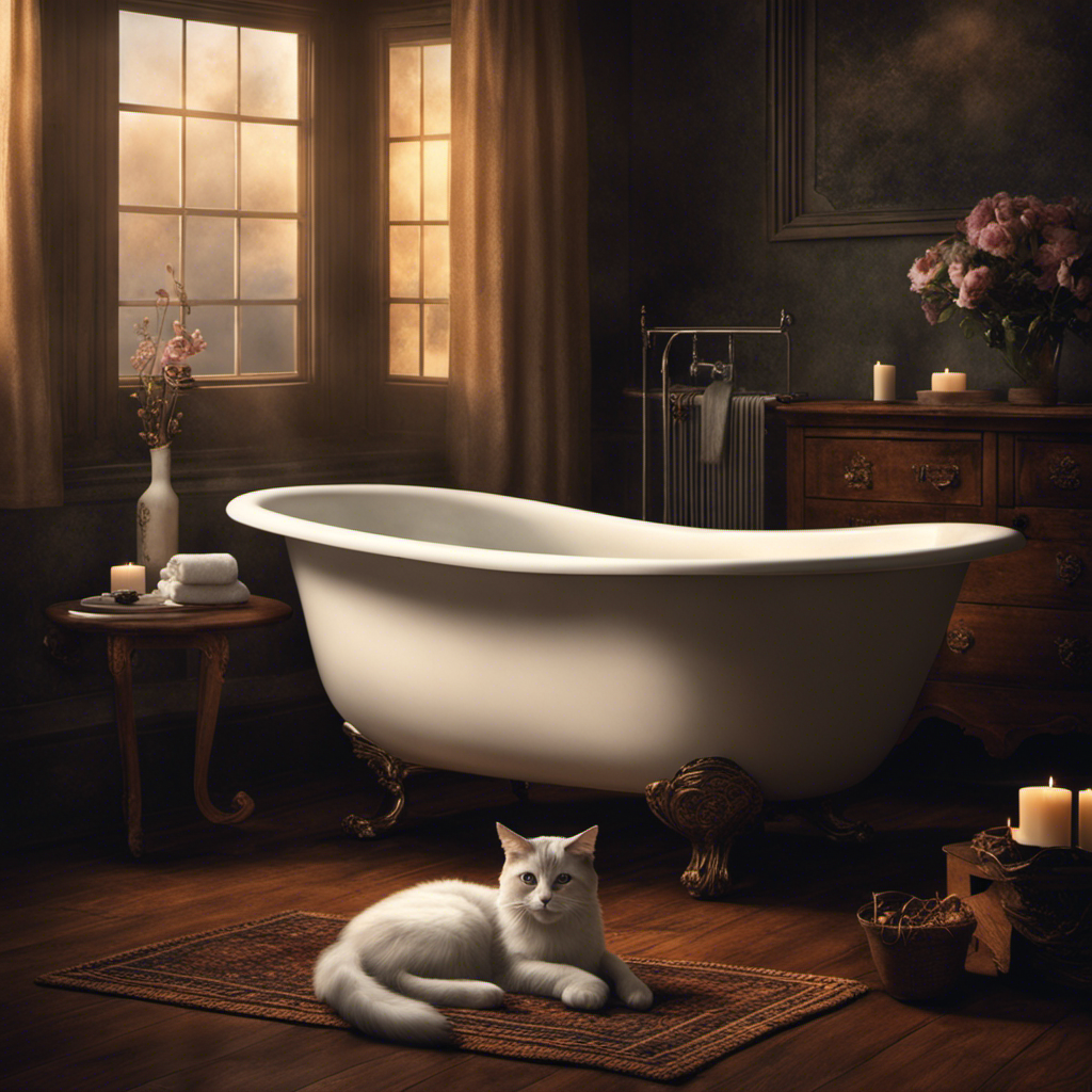 An image of a dimly lit bathroom with a porcelain bathtub filled with warm water