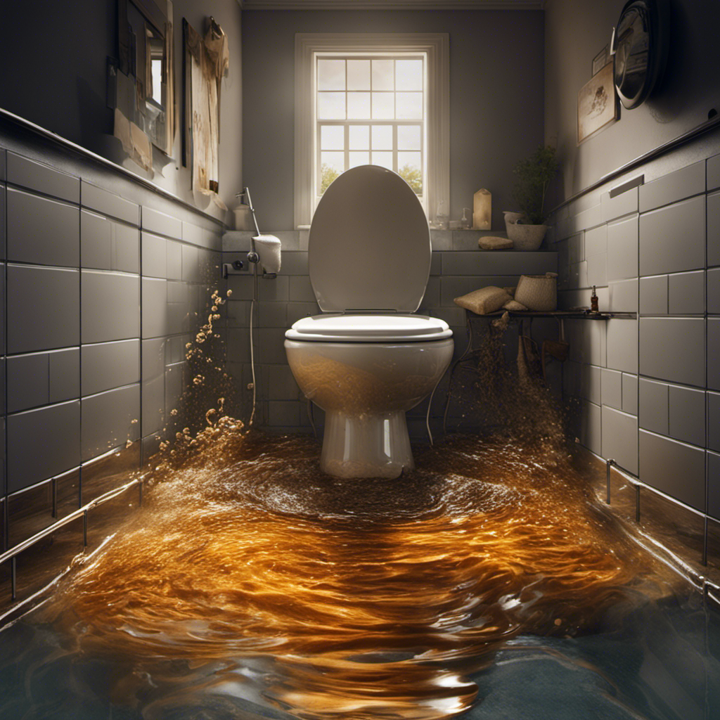 An image of a clogged toilet with overflowing water, causing a murky pool on the shower floor