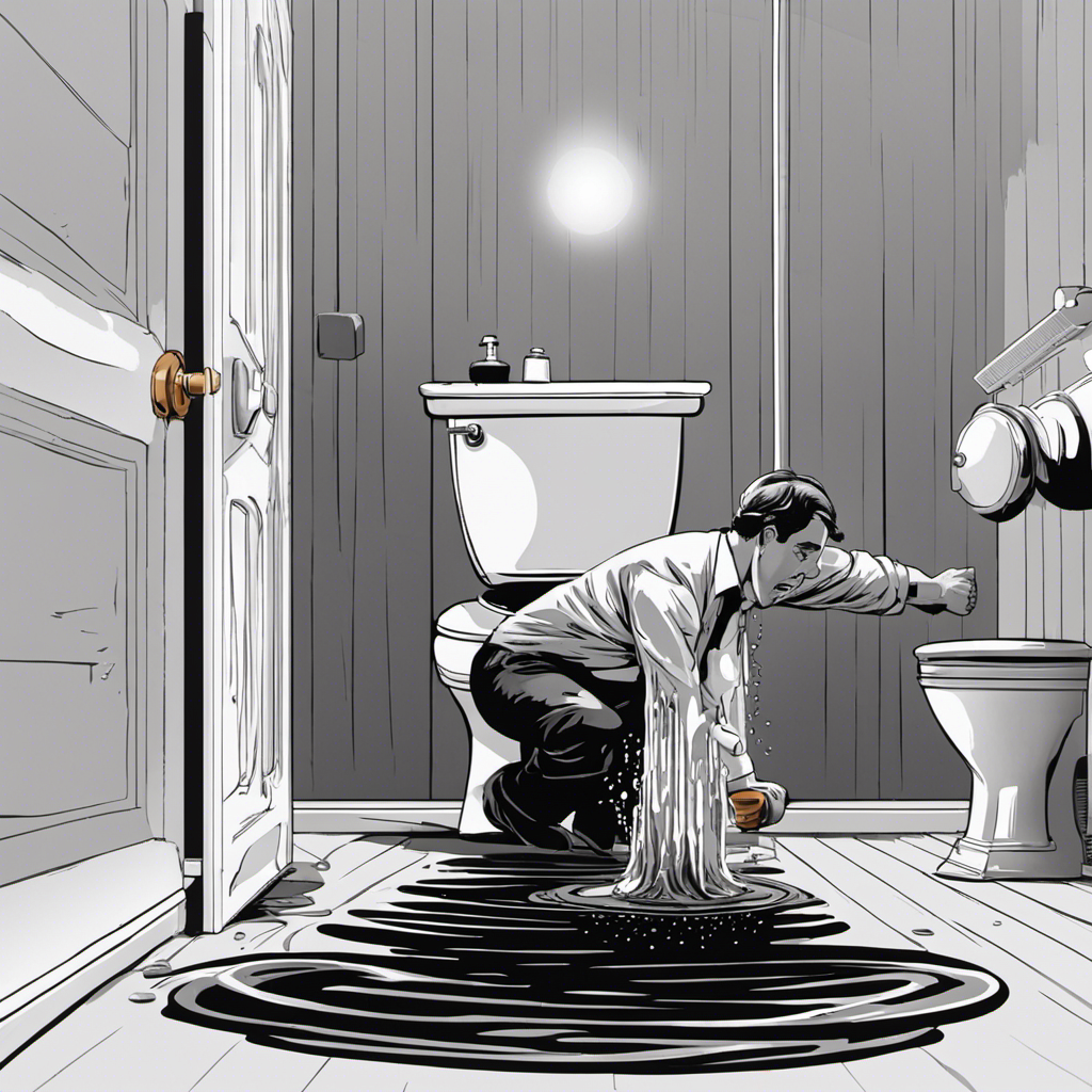An image illustrating a frustrated person standing in front of a toilet, holding a plunger, with water overflowing onto the bathroom floor, showcasing the common problem of a clogged toilet