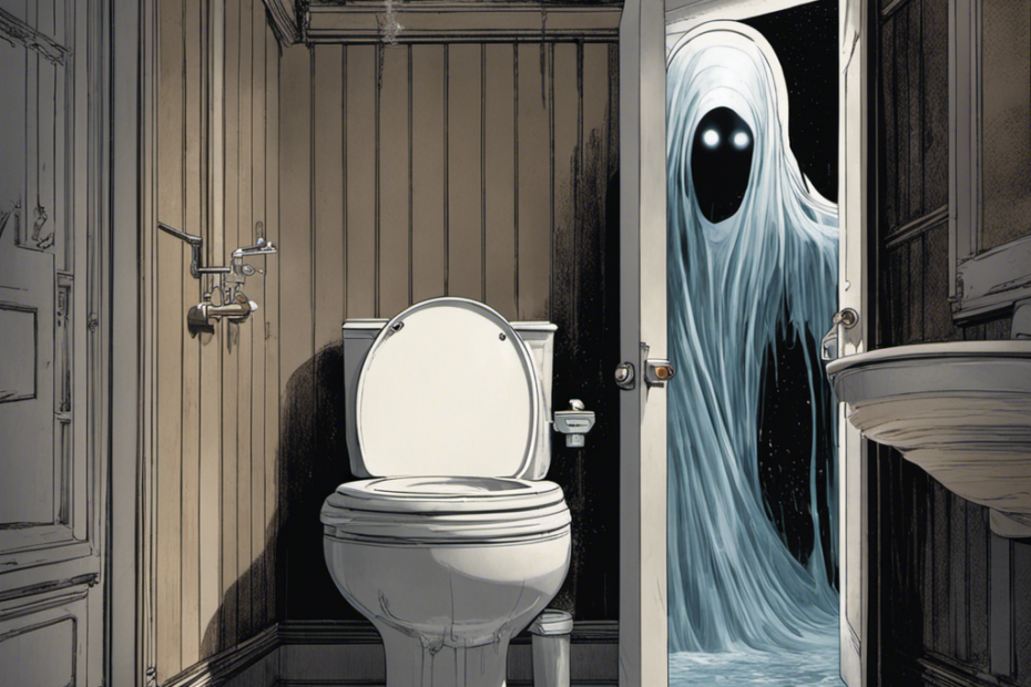 An image depicting a startled person standing beside a toilet, with water gushing out forcefully, while a mysterious ghost-like figure hovers nearby, illustrating the perplexing phenomenon of a toilet flushing on its own