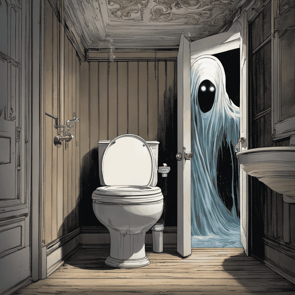 An image depicting a startled person standing beside a toilet, with water gushing out forcefully, while a mysterious ghost-like figure hovers nearby, illustrating the perplexing phenomenon of a toilet flushing on its own